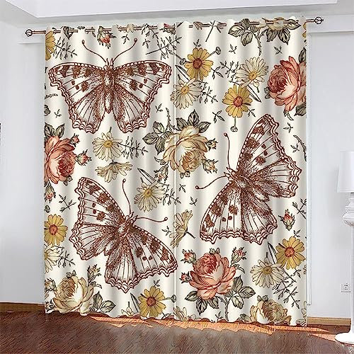 Vorhang, Kinderzimmer, 3D Brown-Weinlese-Schmetterlings-Blume 2 X 117 X 230 Cm Kindervorhänge Mit Ösen, Polyestervorhänge, Wärmeschutzvorhang, Blickdichter Vorhang Mit Ösen, Kindervorhänge -7A8P9A3T4Q