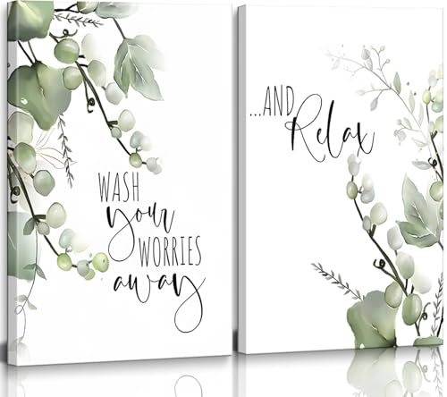 Laylwhq 2 Pcs Bathroom Wall Art Sage Green Canvas, 12x16in | Plant Pictures Prints Posters, Minimalist Frames Paintings, Modern Artwork, Restroom Washroom Spa Toilet Decor, Ready To Hang