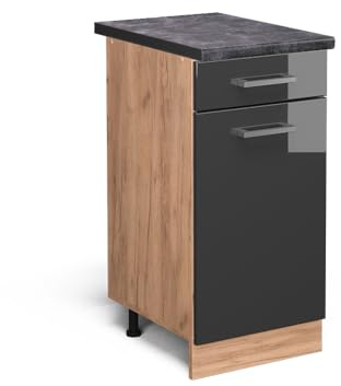 Vicco Küchenunterschrank R-Line, Anthrazit Hochglanz, 40 cm | 1 Schublade · AP Anthrazit inkl. · Höhenverstellbare Füße · ✓ Leichter Zugriff · ✓ Frei kombinierbar