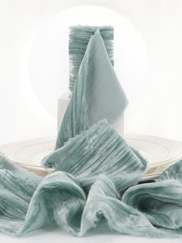 HUIHUANG Dusty Blue Velvet Ribbon 3 inch Crinkled Frayed Velvet Ribbon Fringe Silk Velvet Ribbon for Wreaths, Christmas, Flower Bouquet, Gift Wrapping, Hair Bows, Wedding Bridal Shower Decor