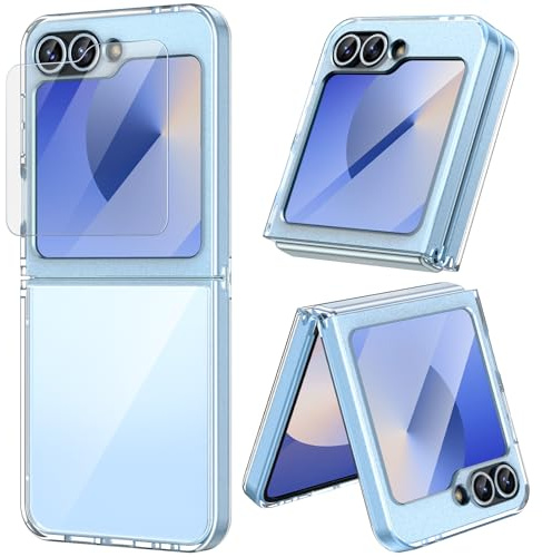 Doeshine Hülle für Galaxy Z Flip 7 FE 2025 / Z Flip 6 2024 Ultra Dünn, mit Displayschutzfolie, Silikon TPU Original Schutzhülle, Kristallklar Hart PC Shell Anti-Kratz Stoßfest Handyhülle (Blau)