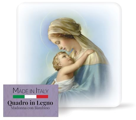 Fratelli Bonella – Standbild Madonna mit Kind – Geformtes Holzbild mit Geschenkbox – Religiöses Ornament 10 x 10 cm