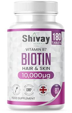 Biotin 10,000mcg Supplement | 180 Tablets - 6 Month Supply | High Strength Hair, Skin & Nail Support | Vegan & Made in The UK by Shivay Herbals