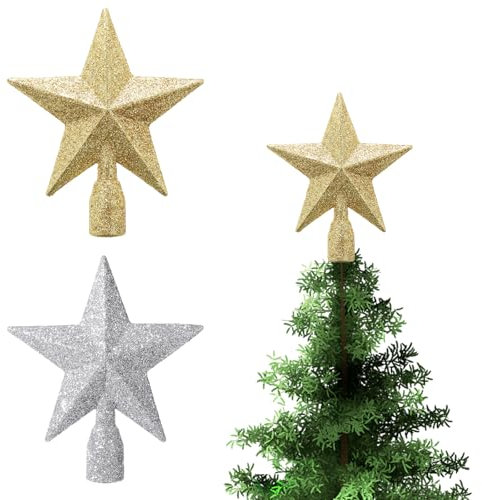 WLLHYF 2 Pack Glitter Mini Star 4 Inch Christmas Tree Topper Decorative Holiday Small Treetop Plastic Ornaments for Christmas Home Decoration Birthday Party (gold/silver)