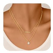 FLHEART Halskette Damen Layering Kette Gold - Hypoallergene 14 Karat Vergoldete Edelstahl Layered Kette mit Anhänger Rund Opal Necklace for Women Goldkette Halsketten für Frauen Mädchen Geschenke