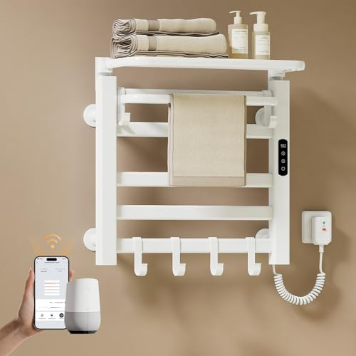 EMKE Elektrischer Handtuchheizkörper 50x50 cm, 140W Handtuchwärmer mit WLAN-App-Steuerung, Kohlefaser Badheizkörper Elektrisch mit klappbarer Ablage & 6 Haken, IPX5, Weiß