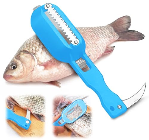 Fish Descaler Tool-2 in 1 Fish Scaler Remover with Knife Fish Scaler Fillet Knife Fish Cleaning Tool with Scaler Container (Blue)