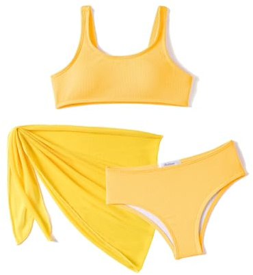 Arshiner Mädchen Bikini Set 3-teilig Sommer Dreiteiliger Badeanzuge mit Rock Mode Sunny Bademode Schwimmen Badebekleidung für Kinder 6-7 Jahre Gelb