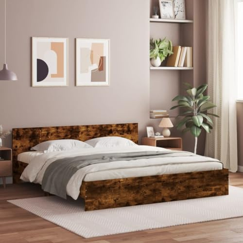 KTHLBRH Bettgestell Familienbett Doppelbett Schlafzimmer möbel Bettgestell mit Kopfteil und LED-Beleuchtung Räuchereiche