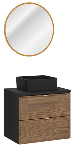 Lomadox Waschplatz-Set 2-teilig mit 60 cm Waschtisch und LED-Spiegel in Eiche und schwarz, Aufsatzwaschbecken schwarz