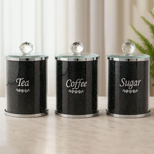 ONE BEST DEAL OBD Black Glitter Diamond Tea Coffee Sugar Storage Set with Crystal Top Lids Airtight Canisters for Kitchen Counter and Gift Set