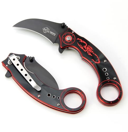 KH-Security Karambit Taschenmesser Red Scorpion aus 420 Edelstahl mit Gürtelclip - Klappmesser Jagdmesser Messer