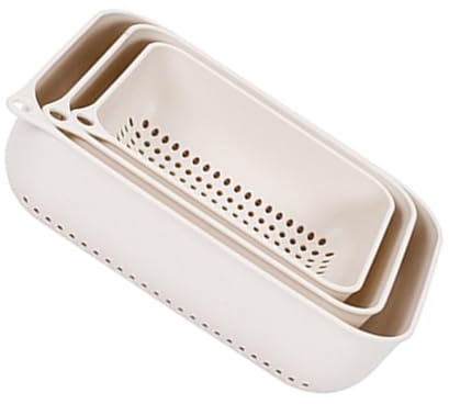 BEBEMOKO 3Pezzi Scolapasta Rettangolari per Cucina Drenante per Frutta e Design Ergonomico e Facile da Usare e Beige
