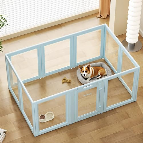 Clear Acrylic Dog Playpen with Door, 24 Inch Tall Plastic Puppy Playpen, Easy Assemble Pet Fence, 10 Panel Indoor Dog Play Pen for Puppies/Small (24 Inch High, 10 Panel)