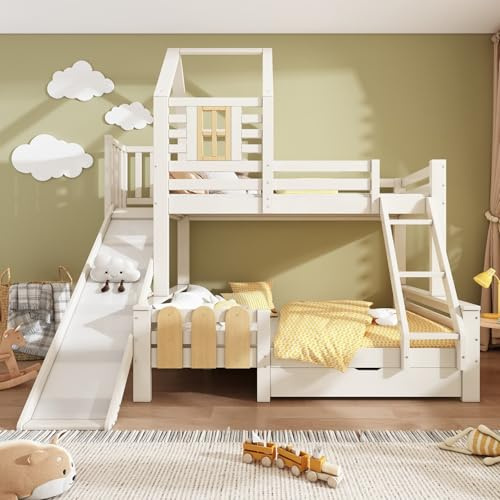 KOMHTOM Lit Superposé 90 x 200 cm et 140 x 200 cm, Lit Cabane en Bois avec Tiroir, Toboggan et échelle, Cadre de lit pour Adolescents(sans Matelas)