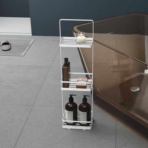 Mai & Mai Étagère de Douche sur Pied 3 Niveaux 18x12,5x67,3 cm Blanc | Acier au Carbone, Serviteur de Douche Autoportant, Étagère Rangement, Fond Ajouré pour Évacuation de l'Eau, Reglo-02