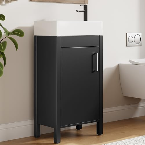 Garvee 16 Bathroom Vanity with Sink, Freestanding Bathroom Sink Cabinet with 2 Soft-Closing Doors & Large Storage Drawer, Wood Vanity Cabinet, Easy Assembly & Cleaning, Black
