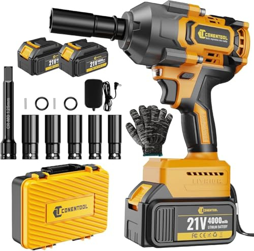 Conentool Impact Wrench Cordless, 1000N.m Brushless Impact Gun 1/2, 21V Electric Rotary with 2 * 4.0Ah Battery and Chargers, Carry Box for Your Family Car/Pickup Truck/Mower/Motorcycle