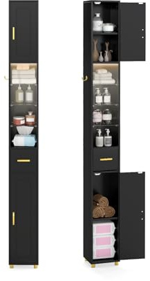 COSTWAY Badezimmerschrank mit Beleuchtung, Badschrank Hochschrank mit Schublade & 3 Glasablagen, schmaler Schrank Holz, inkl. seitlichem Haken, Aufbewahrungsschrank 20 x 20 x 181cm (Schwarz)