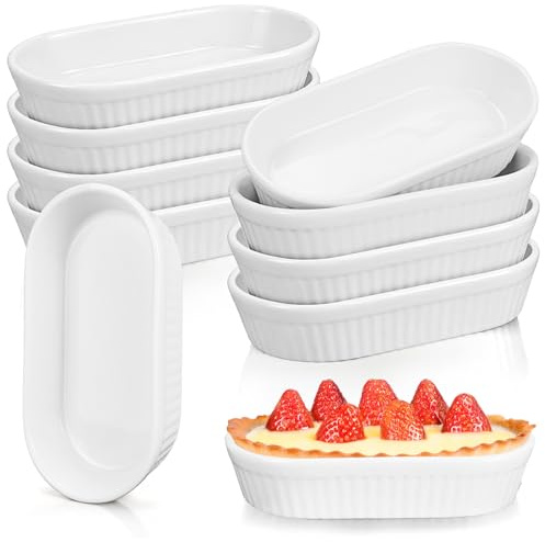 10 Pack Oval Ceramic Ramekins Oven Safe, White, 6 Oz | 16Cm Small Crème brûlée Dish, Souffle Ramekins for Soufflés, Custards, Fluted Quiche Pans, Chip, Apple Pie, Quiche, Tart