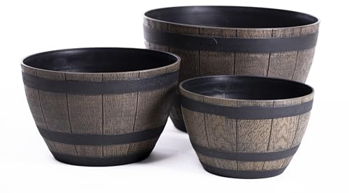 Garden Gear Curved Wooden Barrel Planter Rustic Oak Effect Weatherproof Plastic Outdoor Indoor Flower Pot 3 Sizes Medium Large XL (Set (1 of each size))