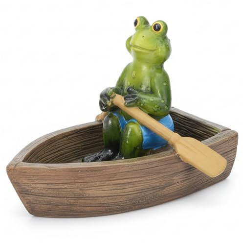 Bonalake Pond Ornaments Outdoor Frog Rowing Wooden Boat Floating Pond Decor Resin Garden Statues for Fish Tank Garden Swimming Pool Patio Yard Fence