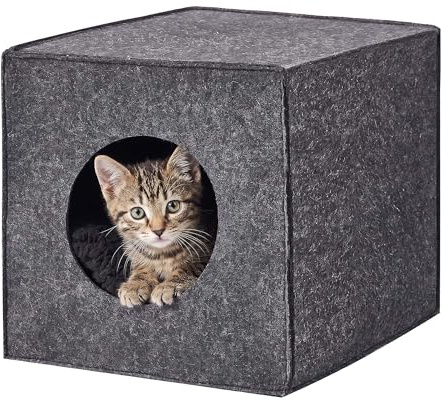Relaxdays Cueva para Gatos de Fieltro, 33x33x37 cm, Gris Oscuro | para estanterías, plegable, con cojín, cama para gatos