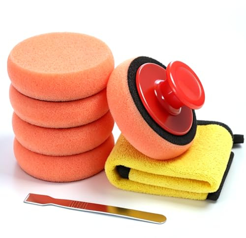 Lot de 5 Éponge de Polissage de Voiture 90 mm Eponge Voiture avec Poignée | Pad Polissage Kit Polissage Éponge à Polir avec Poignées Chiffon et Grattoir pour Auto Polissagen Cirage et Nettoyer