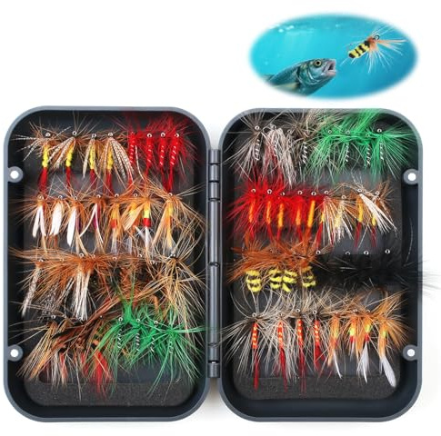 64Pcs Fly Fishing Flies Kit with Waterproof Magnetic Box Including Nymphs | Dry Flies, Wet Flies, Streamers, Terrestrials for Trout Bass Salmon Realistic Fishing Lures Accessories for Beginners & Pros