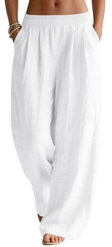 Cegerne Pantalon Lin Femme Été Jambes Larges Uni Élégant Plage Détente Léger avec Poches