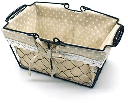 CVHOMEDECO. Corbeille à Fruits rectangulaire en Grillage à Poule Corbeille à Pain Rustique avec poignée de Natation et Doublure en Tissu. Noir Mat, 25,4 x 15,2 x H 11,4 cm
