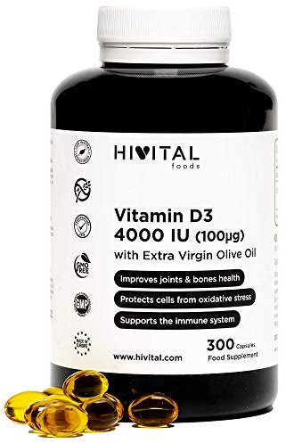 Vitamina D3 4000 UI. 300 perlas para 10 meses de tratamiento. Vitamina D Natural Colecalciferol con Aceite de Oliva Virgen Extra. Fabricado en España por HIVITAL