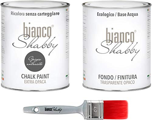 CHALK PAINT Grigio Antracite & FINITURA + PENNELLO - Pittura Shabby Chic EXTRA OPACA (1 Litro) + Finitura Trasparente Opaco (1 Litro) + 1 Pennello Pro 40 mm