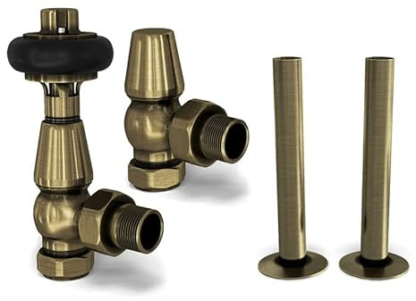 UK Radiators Antique Brass Thermostatic Radiator Valves and Angled Lockshield Valve - Brushed Antique Brass Finish - Traditional Design 1/2 x 15mm Wooden Head Radiator Valves with 130mm Pipe Sleeves