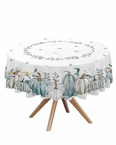 Fall Thanksgiving Round Tablecloth 60 inch Farmhouse Pumpkin Waterproof Oilcloth Table Cloth Stain-proof Washable Vinyl Table Cover for Outdoor, Parties, Dining Table, Camping(Teal Grey)