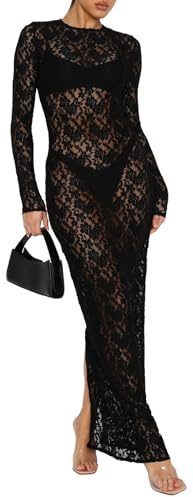 Loalirando Robe Longue Élégante Femme en Dentelle Florale Vintage - Transparente à Manches Longues pour Soirée et Cérémonie - Bodycon