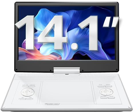 YOTON 16.9 Portable DVD Player, 4-6 Hours Rechargeable Built-in Battery, 14.1 HD Swivel Screen, Dual Stereo Speakers, USB/SD/AV/Audio/Gamepad Support -White [Not Support Blu-Ray]