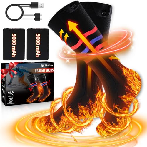 Multper Beheizbare Socken Damen Herren, 5V 5000mAh Wiederaufladbare Heizsocken, 3 Heizstufen Beheizte Socken, Bis zu 65℃ Fußwärmer Warme Socken für Outdoor Skifahren Radfahren Winter Camping Wandern