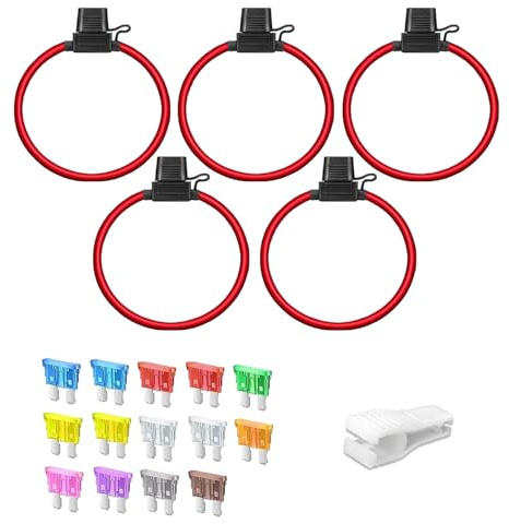 Set 5 Portafusibili In-Linea, ATO/ATC Portafusibili automobilistico a lama 12AWG(1) + 16AWG(4), per Auto, Camion, Moto, con 14 Uusibili Medio 10A, con Nastro Elettrico e Estrattore