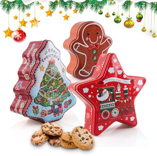 Shyllin 3x Caja Metálica para Galletas de Navidad, Estrella, Árbol de Navidad, Lata para Galletas Navideñas, Bote para Dulces, Forma Especial, para Dulces, Té, Regalos (Estilo navideño B)