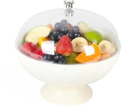 Punorric Fruit Bowl with Lid, Clear Fruit Basket with Removable Drain Tray for Countertop, Large Capacity Round Decorative Bowl for Party Wedding Displaying Vegetable Dessert(White Base)