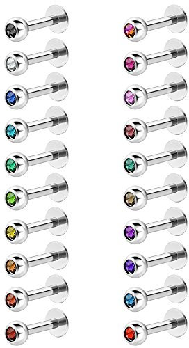 BBTO 20 Stück Edelstahl Lippe Labret Zirkonia Nase Zucht Hantel Piercing, 16 Gauge