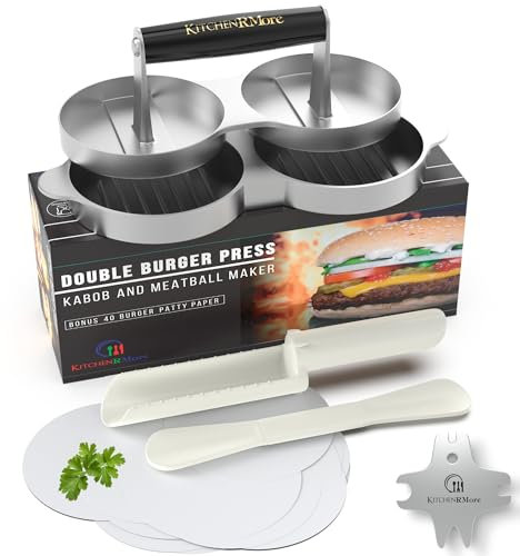 Kitchen RMore Dubbel hamburgarpress + kabobtillverkare + köttbollsformare + 40 Patty papper + recept e-bok | non-stick aluminium hamburgare press patty Maker för perfekta köttköttköttköttfärs, grönsaksburgare, bortom hamburgare