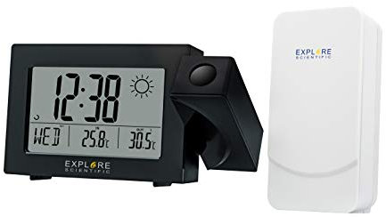 Explore Scientific RPW3008, Orologio a proiezione con ora radiocomandata e previsioni metero, Doppio allarme, Porta USB per ricaricare il telefono, Sensore per temperatura interna incluso, Nero