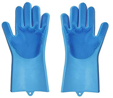 Silicone Magic Cleaning Gloves with Scrubber Dishwashing Gloves Reusable Dish Wash Gloves, Heat Resistant Cleaning Gloves for Kitchen, Household, Bathroom, Per Hair Care (blue)