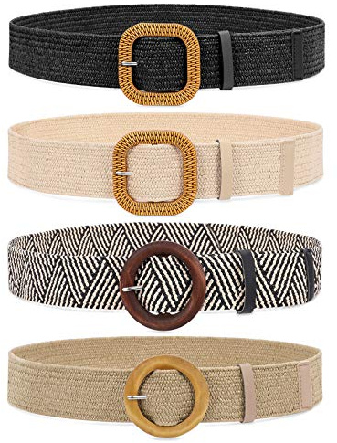 Set of 4 Straw Woven Elastic Stretch Waist Belts for Women, Fashion Boho Ladies Braided Skinny Dress Belt by WHIPPY