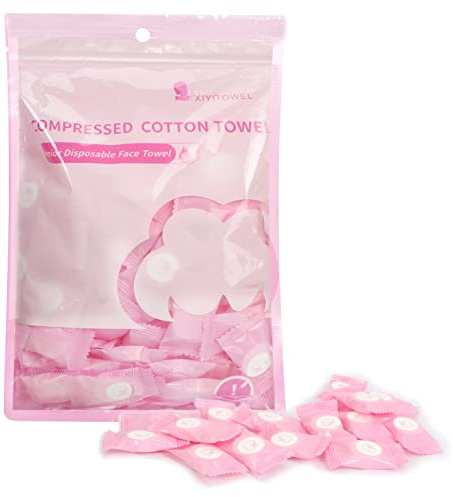 Compressed Towel 100 PCS Mini Tablets Disposable Portable Face Towel Cotton Coin Tissue for Travel, Camping, Hiking, Sport, Beauty Salon, Home Hand Wipes and Other Outdoor Activities (Pink)