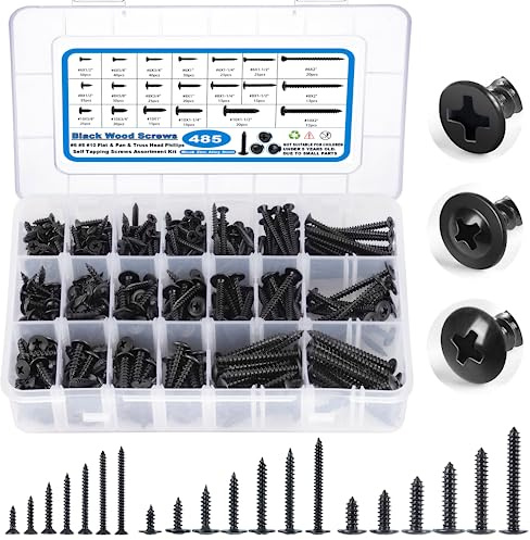 SATANTECH 485Pcs Black Wood Screws Assortment Kit, #6#8#10 Round Head & Truss Head & Flat Head, Self Tapping Screws, 20 Sizes Black Steel Length 1/2 to 2 inch