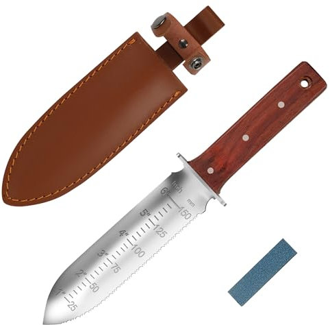 FLORA GUARD Professionelles Hori Hori Gartenmesser mit Lederscheide, Edelstahlklinge, inklusive Schleifstein, zum Jäten, Graben, Beschneiden und Kultivieren (Rot)