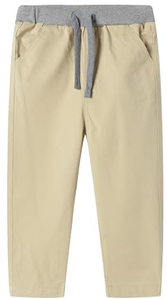 Mud Kingdom Kids' Drawstring Trousers for Big Boys 9 Years Pull On Adjustable Drawstring Ribbed Elastic Waist Bottoms Straight Twill Khaki